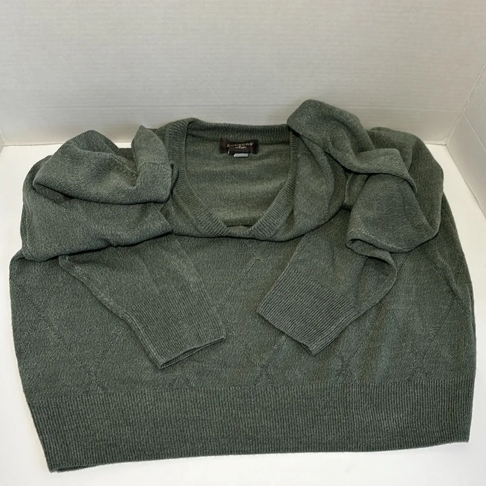 Dockers V-Neck Argyle Sweater Mens Size M Green Pullover Ribbed Geometric NWOT - Picture 8 of 9